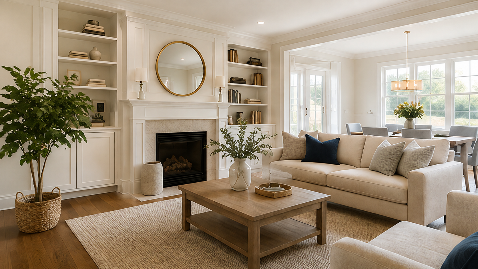 Bright, carefully maintained living room with warm natural light